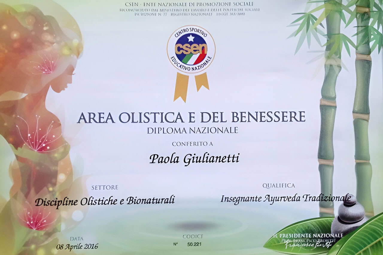 Paola Giulianetti ottiene il Diploma Nazionale di Insegnante Ayurveda Tradizionale CSEN